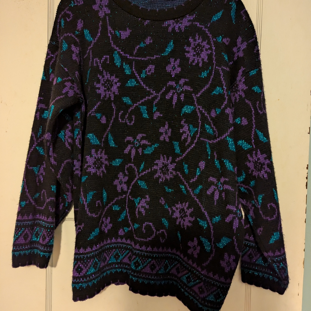Vintage Goth Floral Patterned Sweater - Black and Purple And Teal